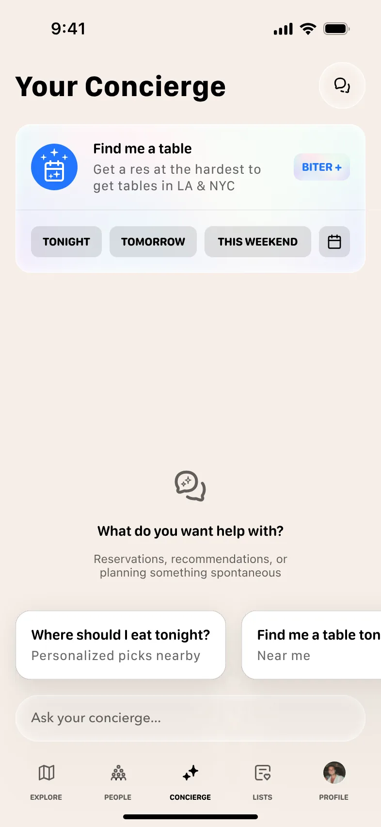 Biter Concierge screen with Find me a table for tonight, tomorrow or this weekend