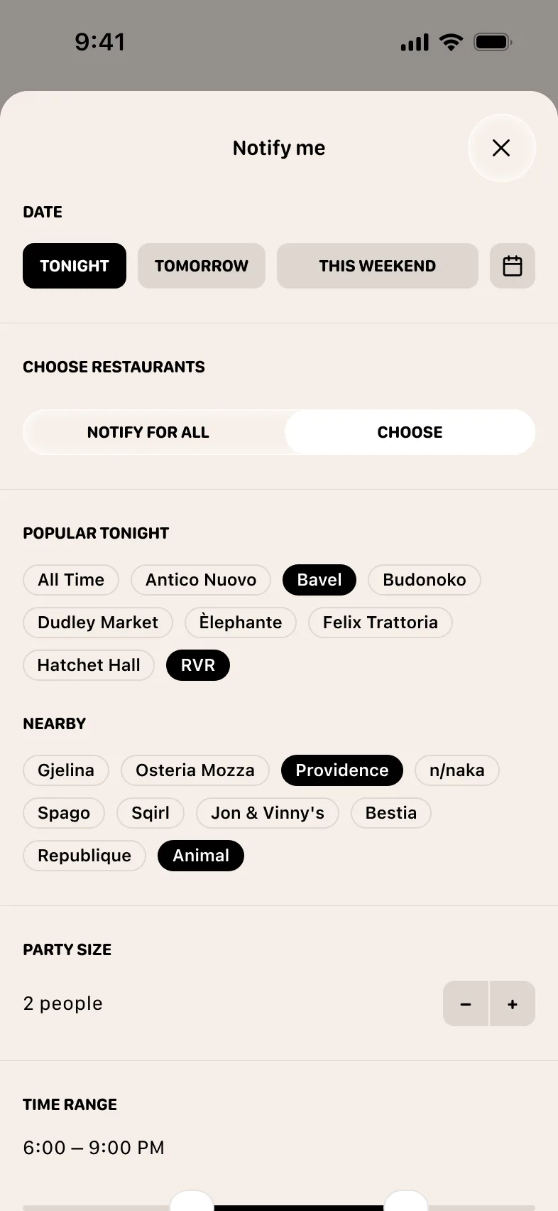 Notify me sheet in Biter with a list of Los Angeles restaurants selected, a party size and a 6 to 9 PM window